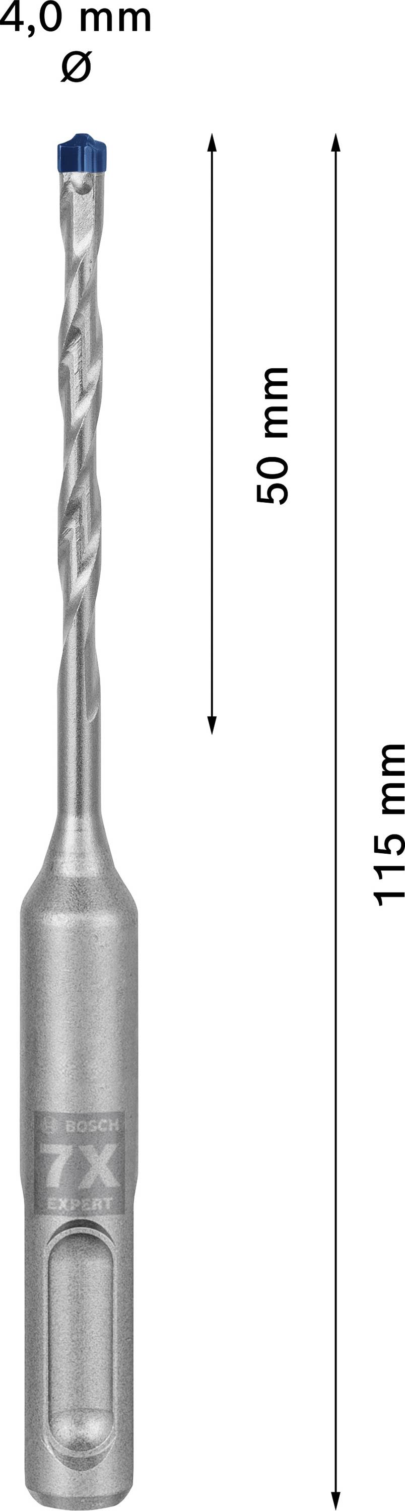 Drill with 4.0 mm diameter, total length 115 mm, cutting depth 50 mm, featuring reinforced design with blue accent on top.