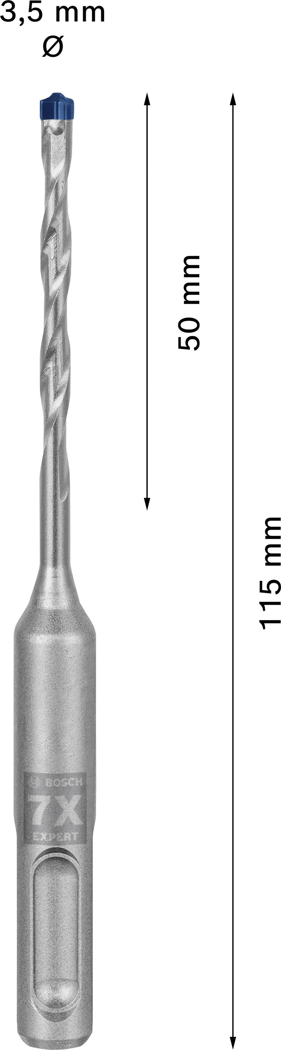 'Drill bit with 3.5 mm diameter, length 115 mm. Usable length 50 mm. Silver-coloured with blue head. Suitable for drilling into various materials.'