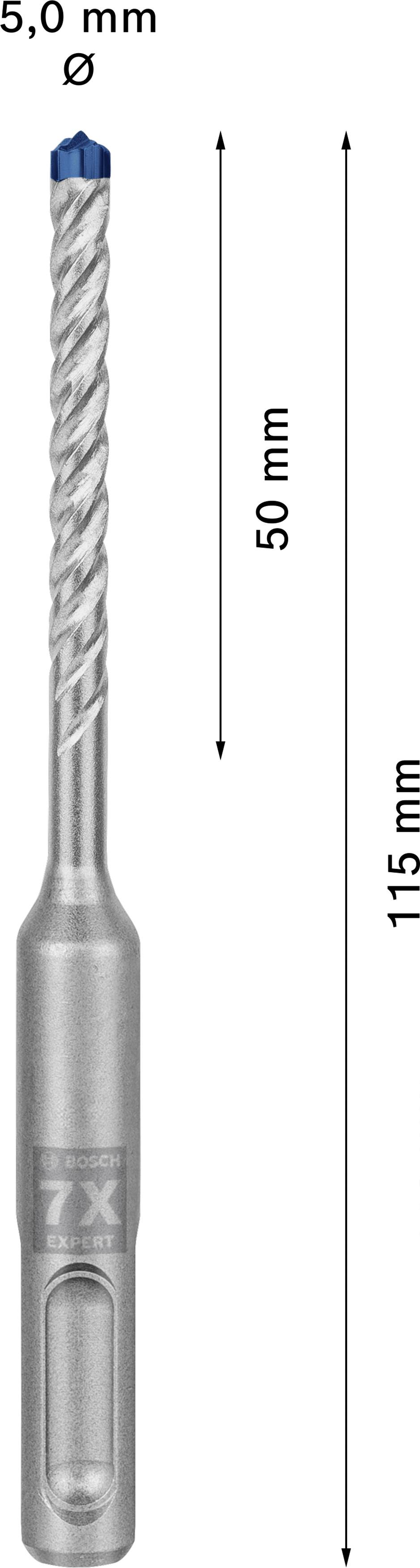 '5.0 mm' drill bit with an overall length of 115 mm and a working length of 50 mm. Suitable for use in concrete and masonry drilling.