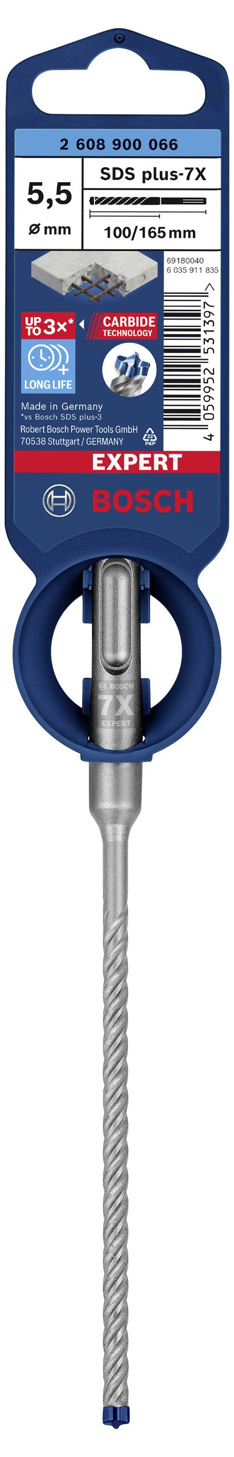 Bosch Drill Packaging: Expert Series, SDS plus-7X, Diameter 5.5 mm, Length 100/165 mm, suitable for concrete and granite.