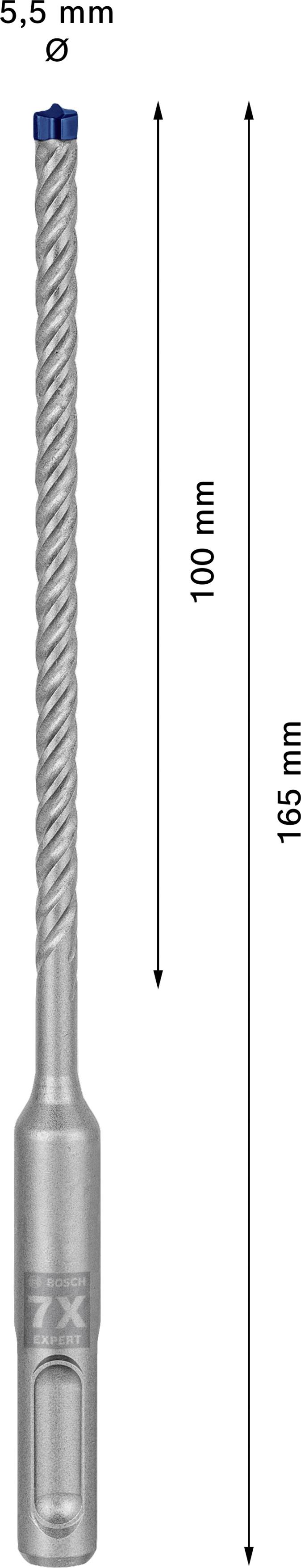 Drill bit with 5.5 mm diameter and 165 mm length. Markings indicate 100 mm drilling depth. Ideal for precise drilling in solid materials.