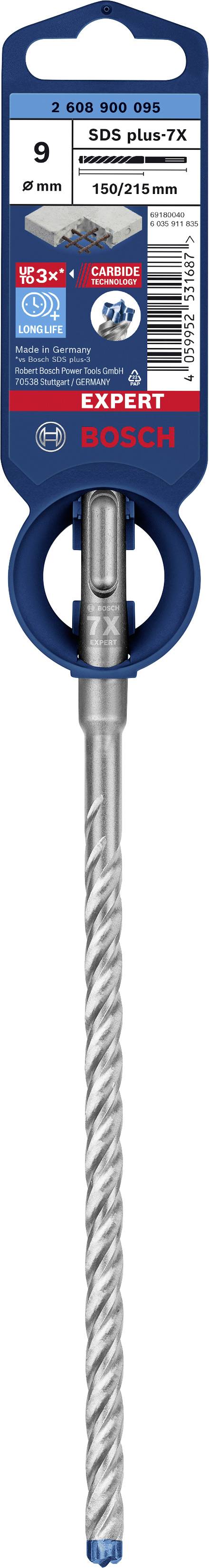 Bosch SDS plus-7X drill bit, 9 mm diameter, 100 mm length, for concrete, masonry. Packaging displays product information and barcode.