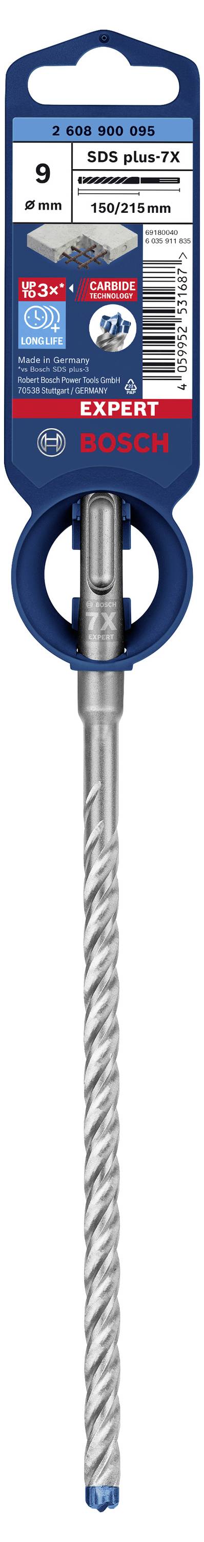 'Bosch SDS plus-7X drill bit, diameter 9 mm, length 160/210 mm.' Contains product details and hardness transport technology for concrete drilling.