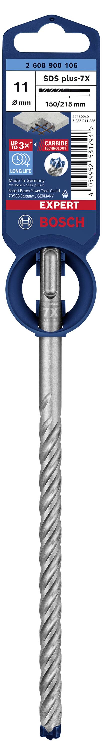 Bosch drill bit tip for concrete. Text: 'SDS plus-7X', 11 mm diameter. Packaging displays QR code and product number.
