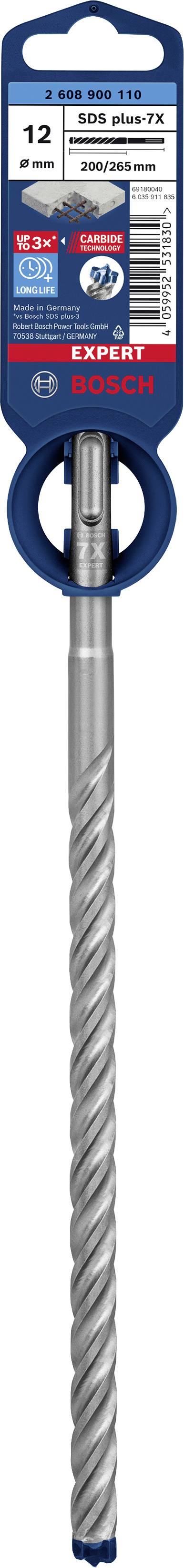 Drill with blue handle and silver spiral-tipped point, suitable for concrete drilling. Brand name and specification printed at the top of the packaging.