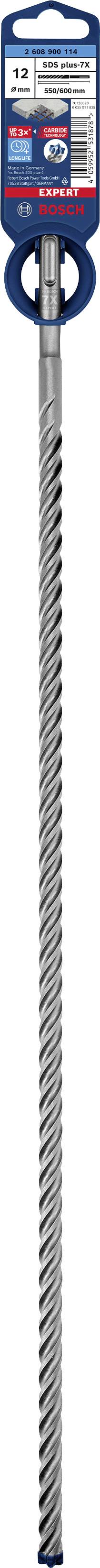 Drill bit with a spiral steel blade and blue handle, useful for concrete work. Contains technical information and size details on the label.