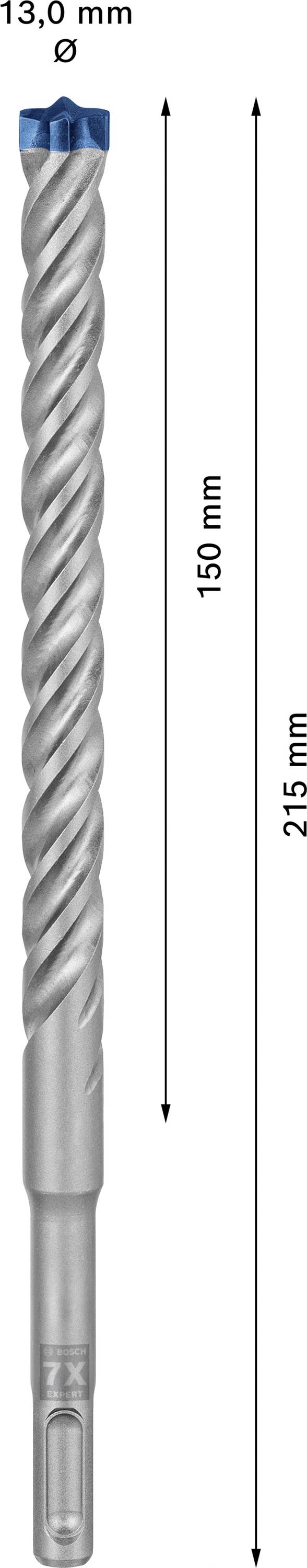 Blue-tipped drill bit with spiral design. Length: 215 mm, Drilling depth: 150 mm, Diameter: 13.0 mm.