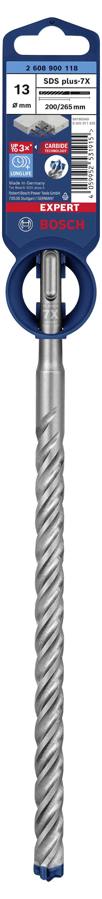 A grey drill bit with spiral grooves and a blue label. The label displays technical details and the brand logo.