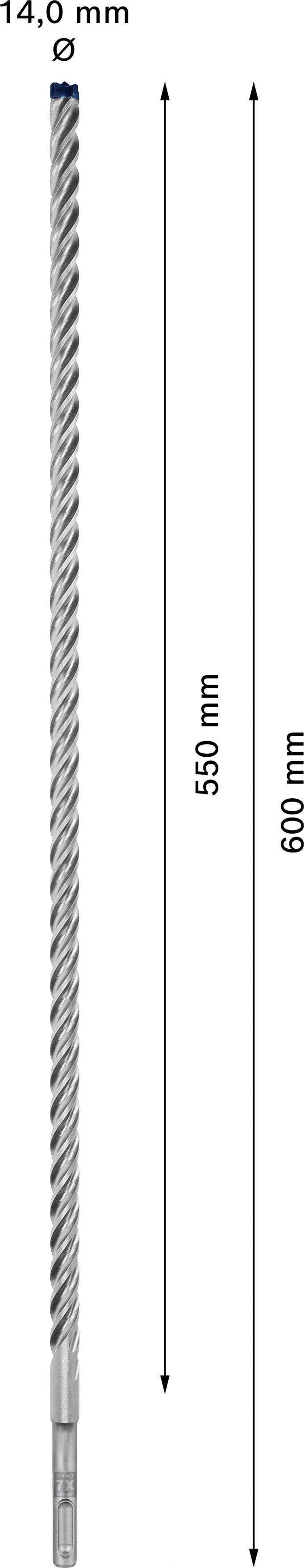 Long, spiral drill bit with a diameter of 14.0 mm and a length of 600 mm, of which 550 mm are usable.