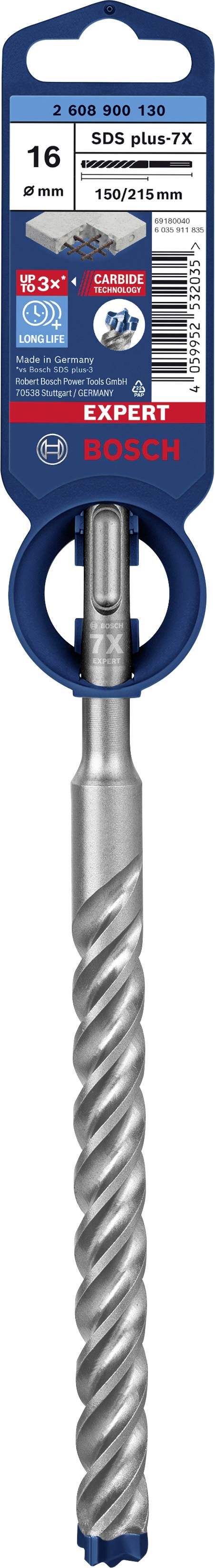 Bosch drill bit, SDS plus-7X, 16 mm diameter, total length 200 mm, certified for steel-reinforced concrete and armoured concrete.