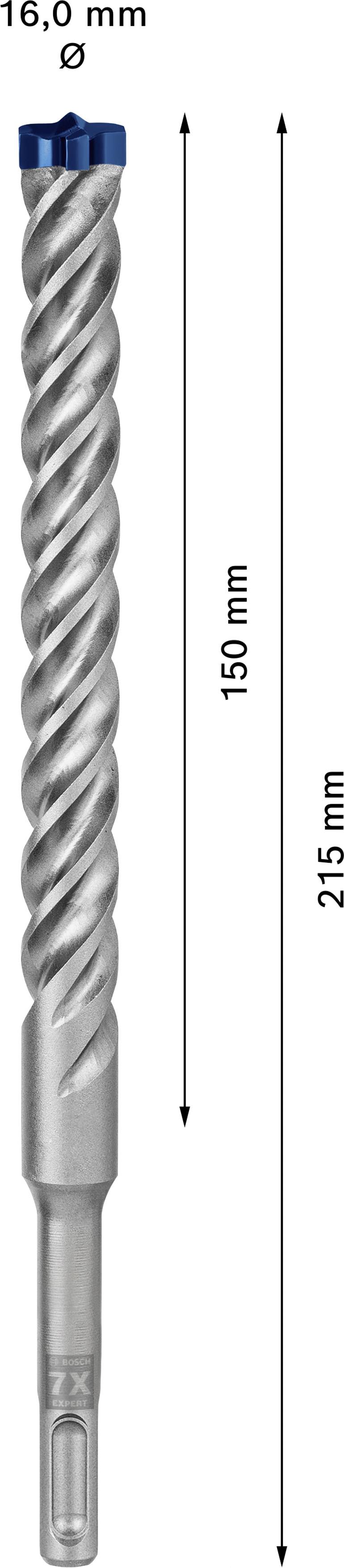 SDS-Plus drill bit with spiral pattern; 16.0 mm diameter, 150 mm working length, 215 mm total length; suitable for concrete and stone.