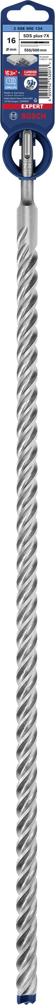 A long, metallic drill bit with a spiral point and blue head, suitable for drilling construction work in robust materials.