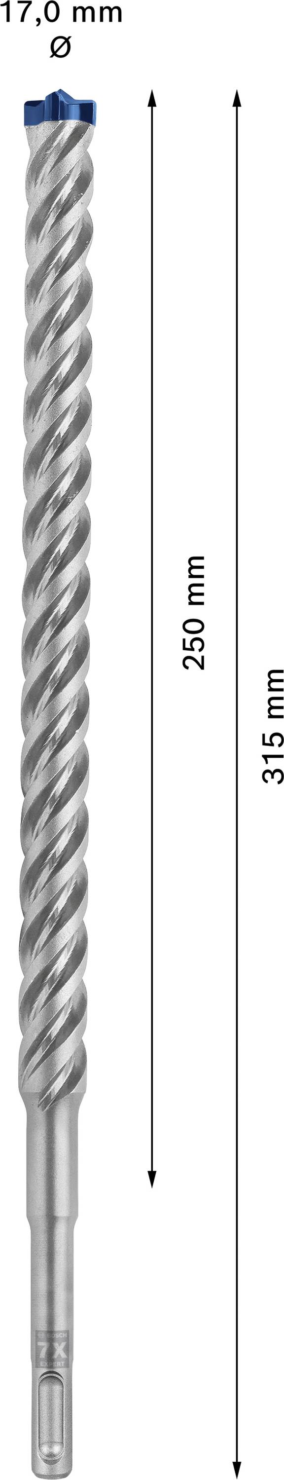 Drill with 17.0 mm diameter, 250 mm working length and 315 mm total length. Silver, spiral-shaped design.