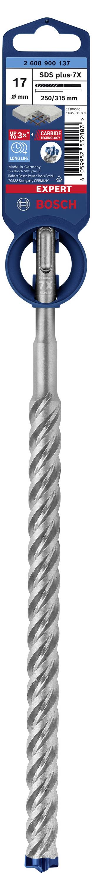 Drill bit with a spiral design and label displaying technical specifications. Suitable for concrete, 17 mm diameter, Bosch brand.