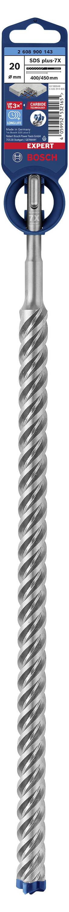 A long, twisted drill bit with blue and red packaging on top, displaying technical specifications.