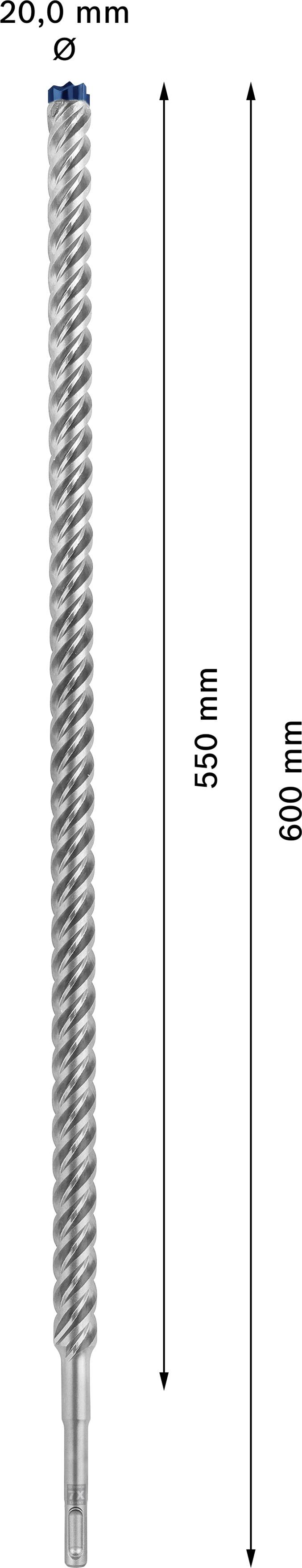 'Steel drill bit with a diameter of 20.0 mm and an overall length of 600 mm. Working length is 550 mm.'