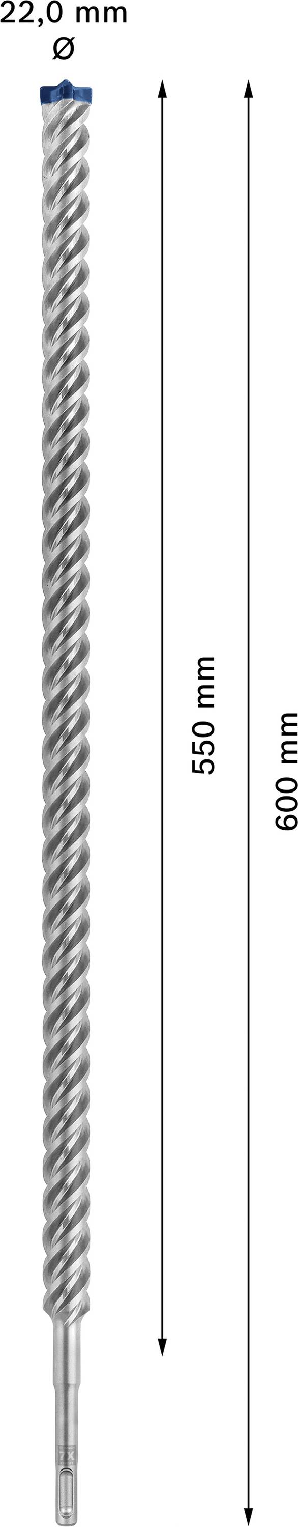 Drill with 22.0 mm diameter and 550 mm working length, total length 600 mm.
