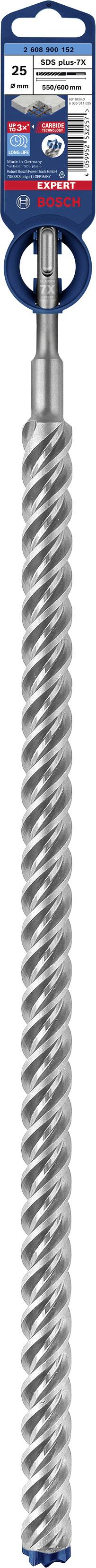 Metal drill bit with a spiral structure, suitable for concrete, stone and masonry, in blue and red packaging.