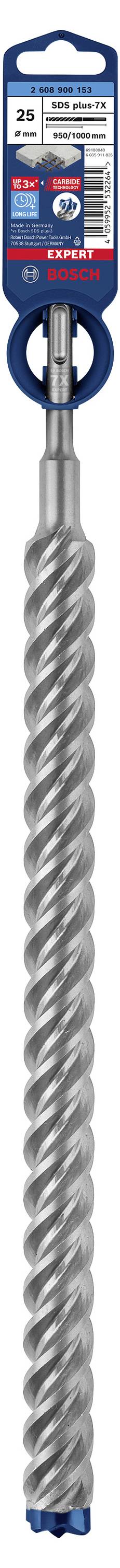 'Bosch concrete drill bit' with blue label and silver spiral, suitable for concrete drilling.