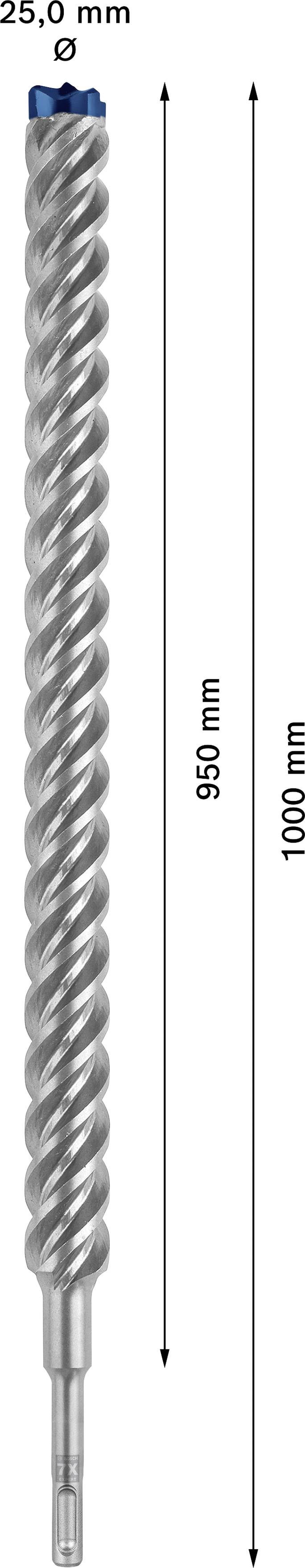 'Metal spiral drill bit with blue tip, length 1000 mm, diameter 25.0 mm, usable length 950 mm.'