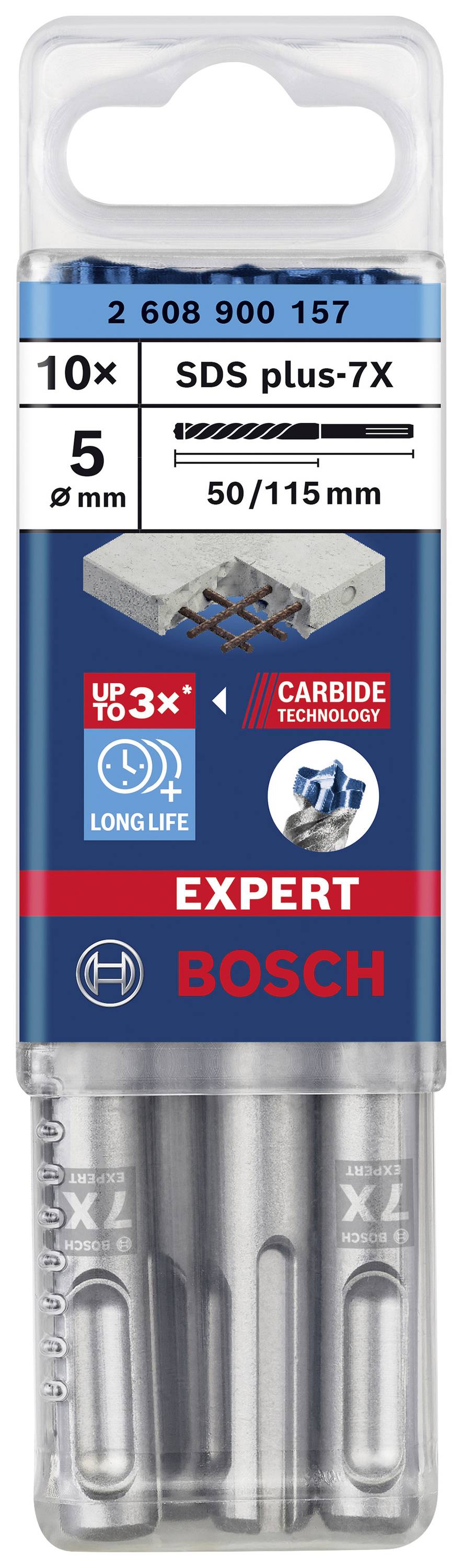 Packaging containing 10 Bosch SDS plus-7X drill bits, 5 mm diameter, 50/115 mm length, emphasising extended durability and Expert technology.