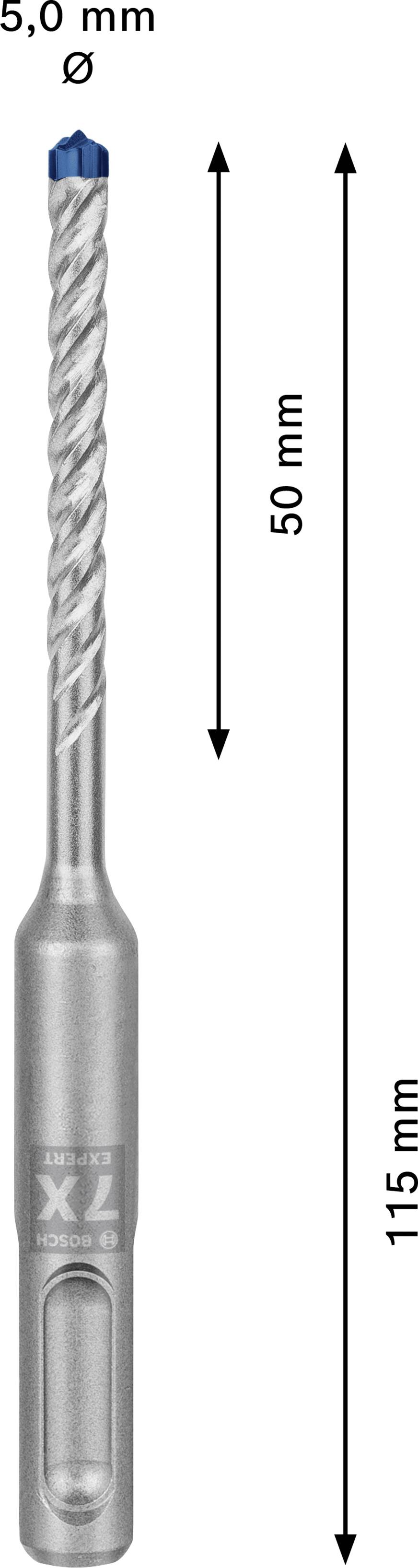 'Drill bit with 5.0 mm diameter. Total length 115 mm, usable length 50 mm. Spiral design for effective drilling in various materials.'