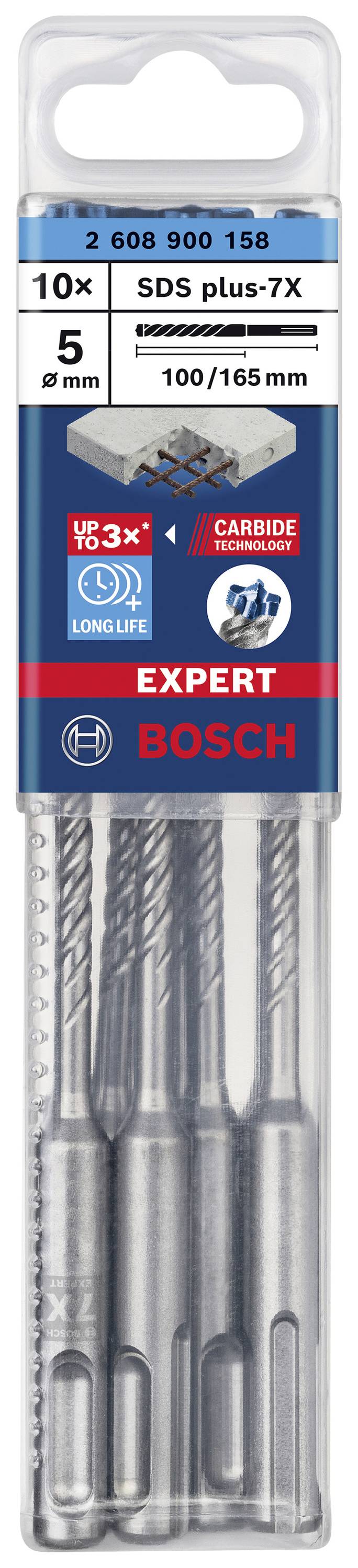 'Bosch Expert SDS plus-7X Drill Bit Pack', contains 10 drill bits, 5 mm diameter, 100/165 mm length, suitable for concrete and reinforced concrete.