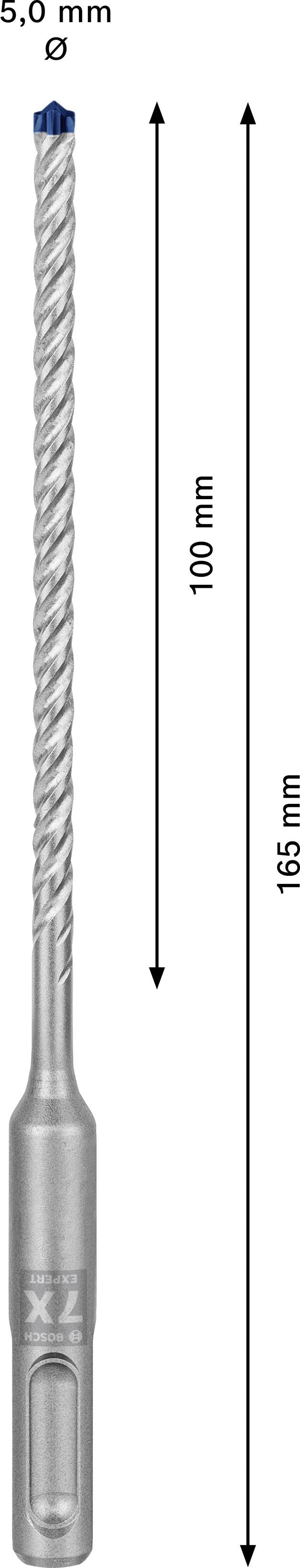 Drill bit with 5.0 mm diameter, total length 165 mm, working length 100 mm, silver spiral-shaped design.