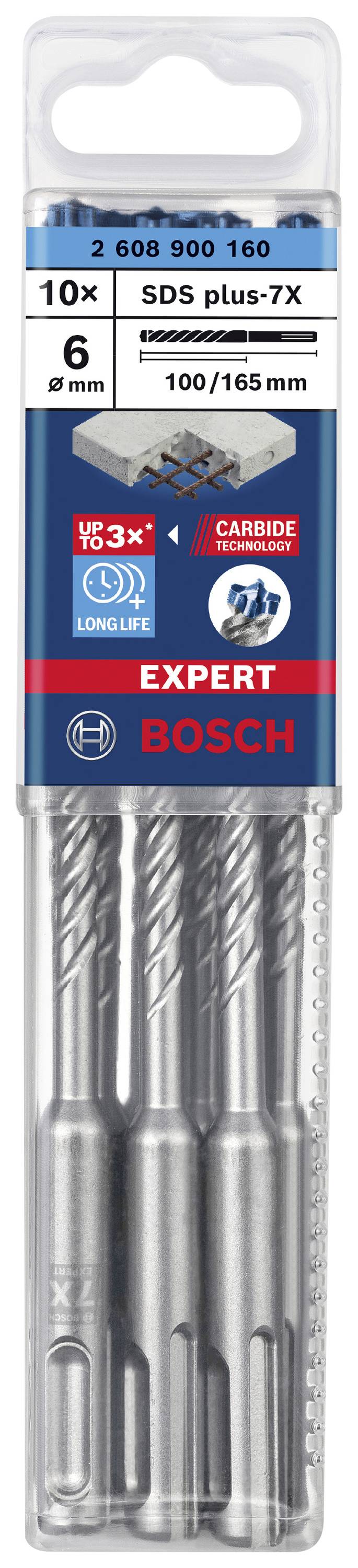 'Bosch 10x SDS plus-7X drill bit, diameter 6 mm, length 100/165 mm, for concrete, metal box, long-lasting, carbide technology, country of manufacture: Austria.'