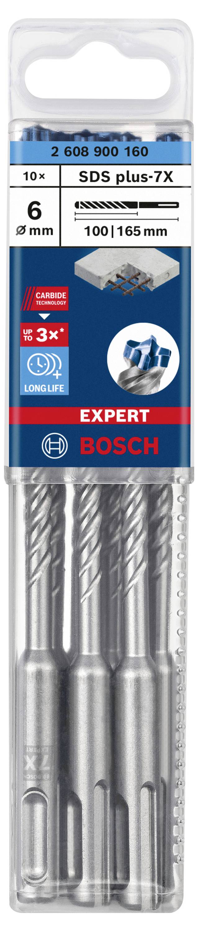 Bosch 'Expert SDS plus-7X' drill bit set with three 6 mm drill bits, suitable for concrete, with a length of 100/165 mm.