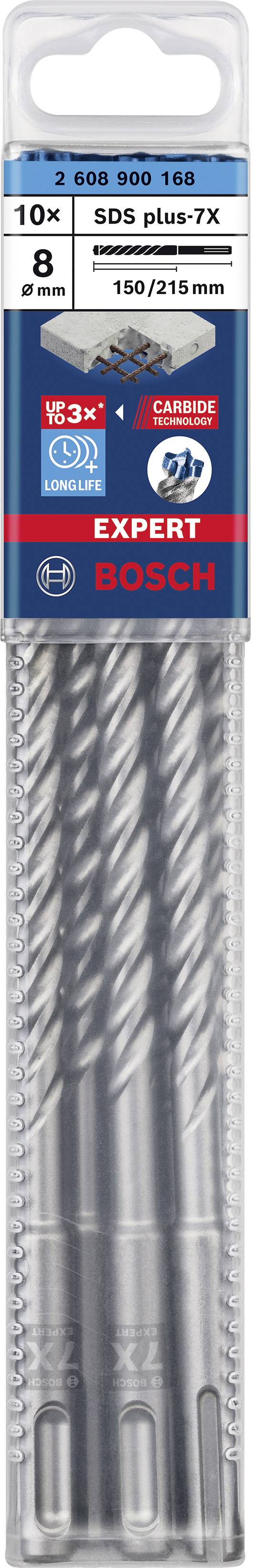 Bosch Expert Drill Bit Set, 10 SDS plus-7X drill bits, Diameter: 8mm, Length: 150/215mm. Packed in a plastic case.