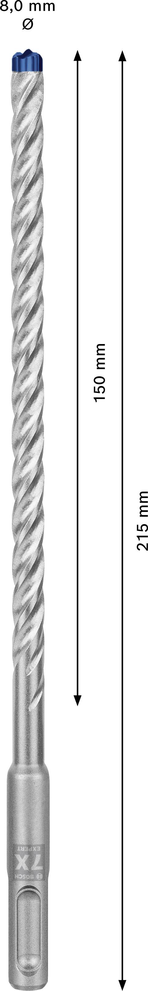 Blue-tipped drill bit, 8 mm diameter, 210 mm length. Markings indicate 150 mm.