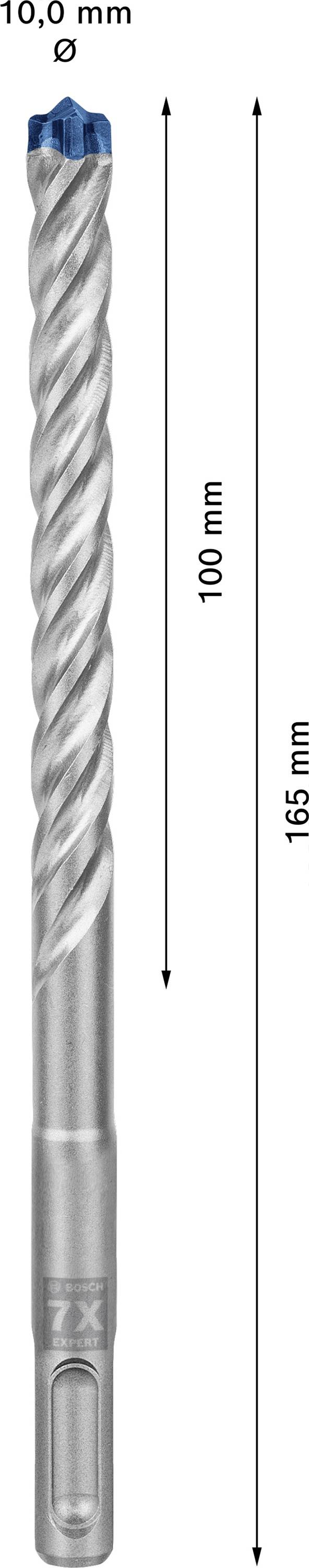 'Drill bit with diameter 10.0 mm, total length 165 mm, useful length 100 mm.'