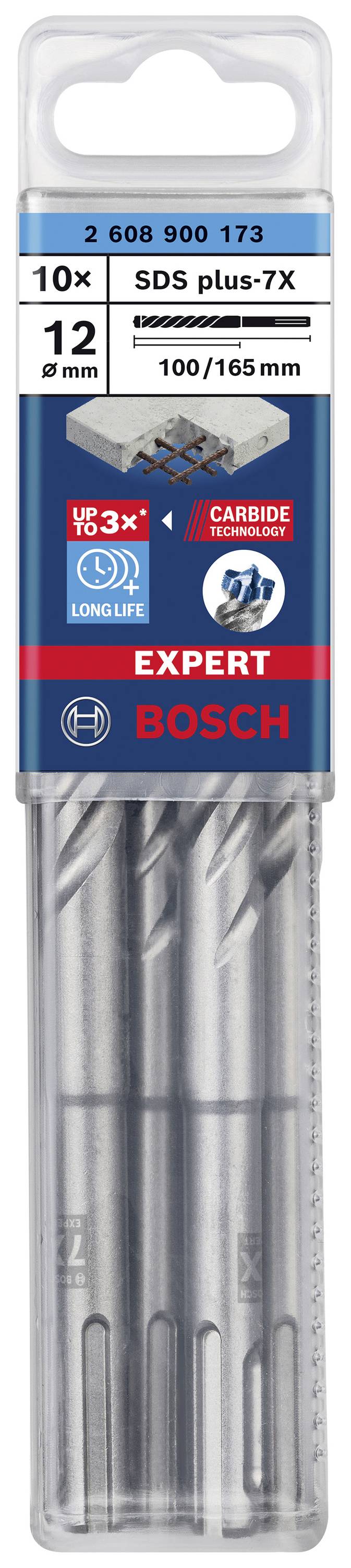 Packaging containing ten Bosch SDS plus-7X drill bits. Drill bit diameter: 12 mm, working length: 100 mm, total length: 165 mm.