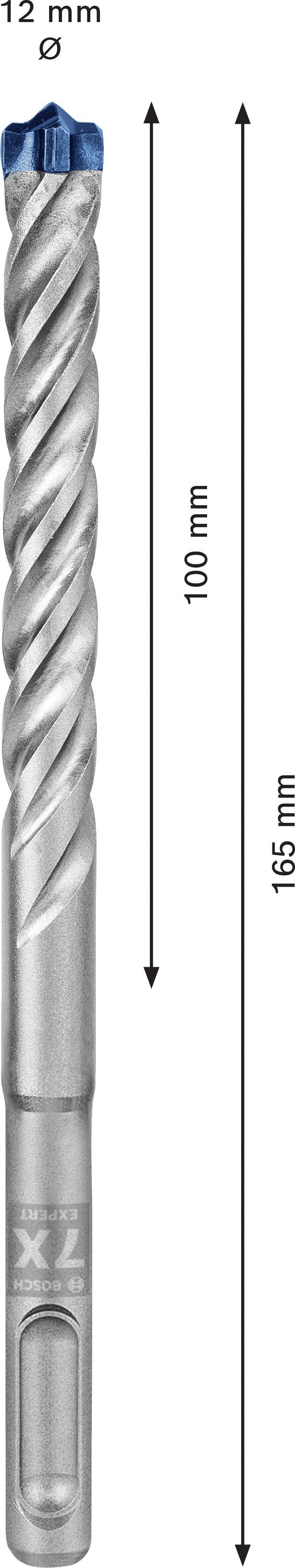 Drill with a diameter of 12 mm, length of 165 mm, working length 100 mm. Silver-coloured with a blue tip for precision drilling.