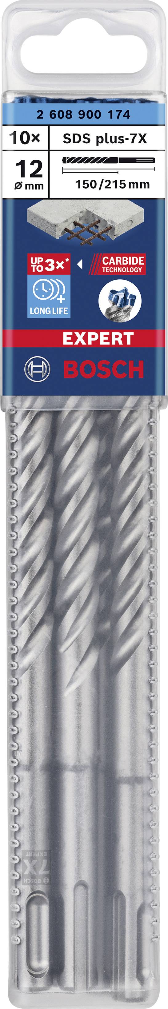 'Three Bosch SDS plus-7X drill bits, 12 mm diameter, with 150/215 mm length. Suitable for concrete and reinforced concrete work. Pack of 10 pieces.'