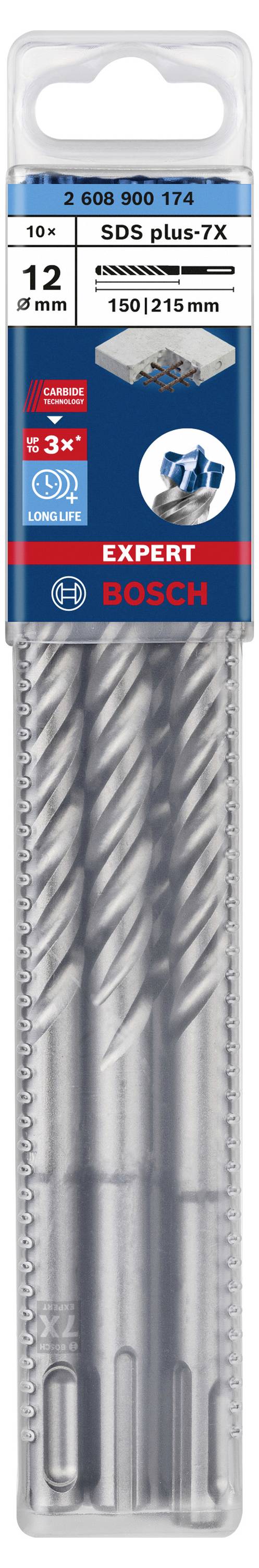 Packaging containing three Bosch SDS plus-7X drill bits, 12 mm diameter, 150/215 mm length, suitable for concrete and masonry.