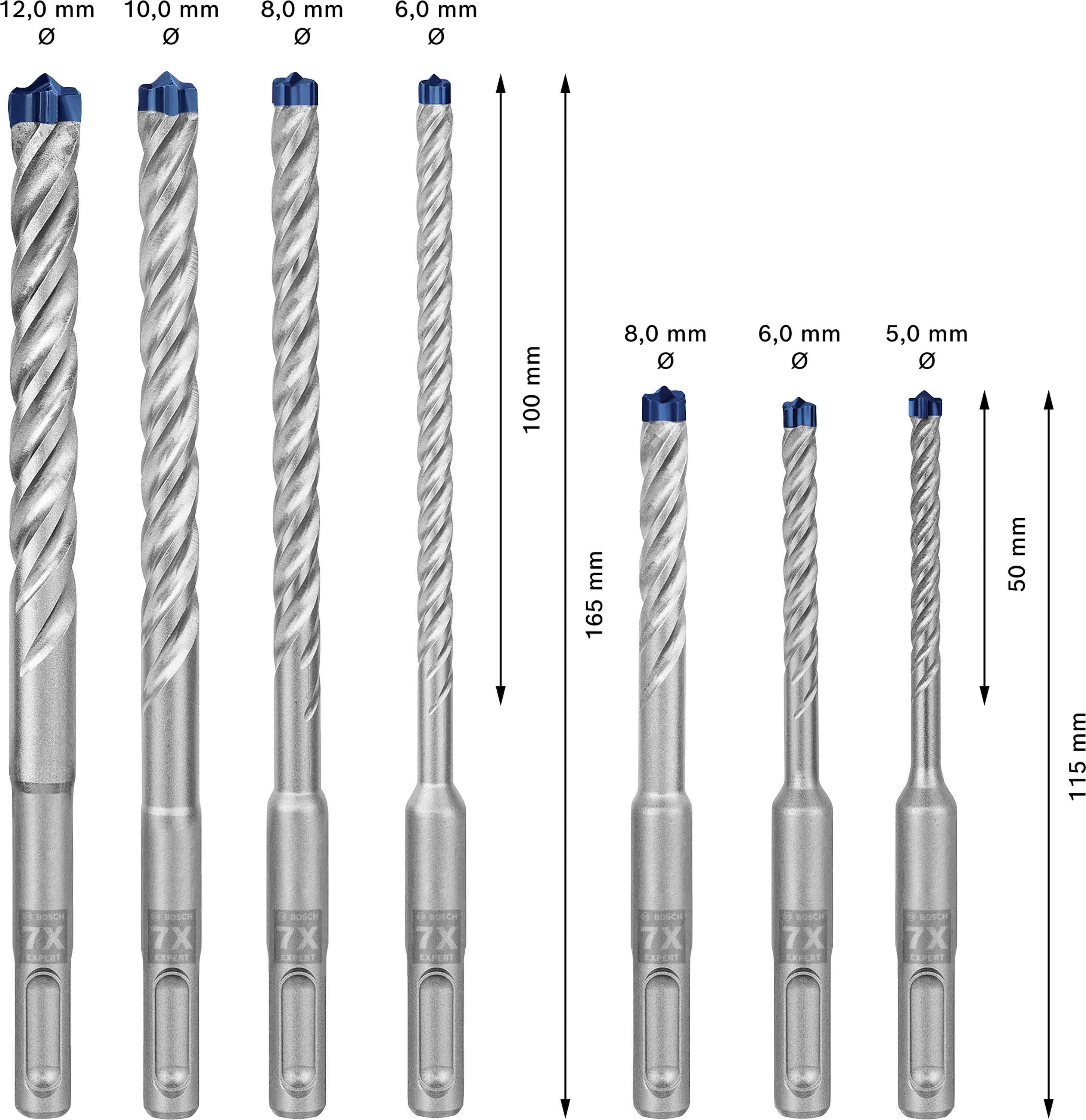 Eight drill bits of different sizes, arranged by diameter from 12.0 mm to 5.0 mm, with lengths of 100 mm, 165 mm and 115 mm.