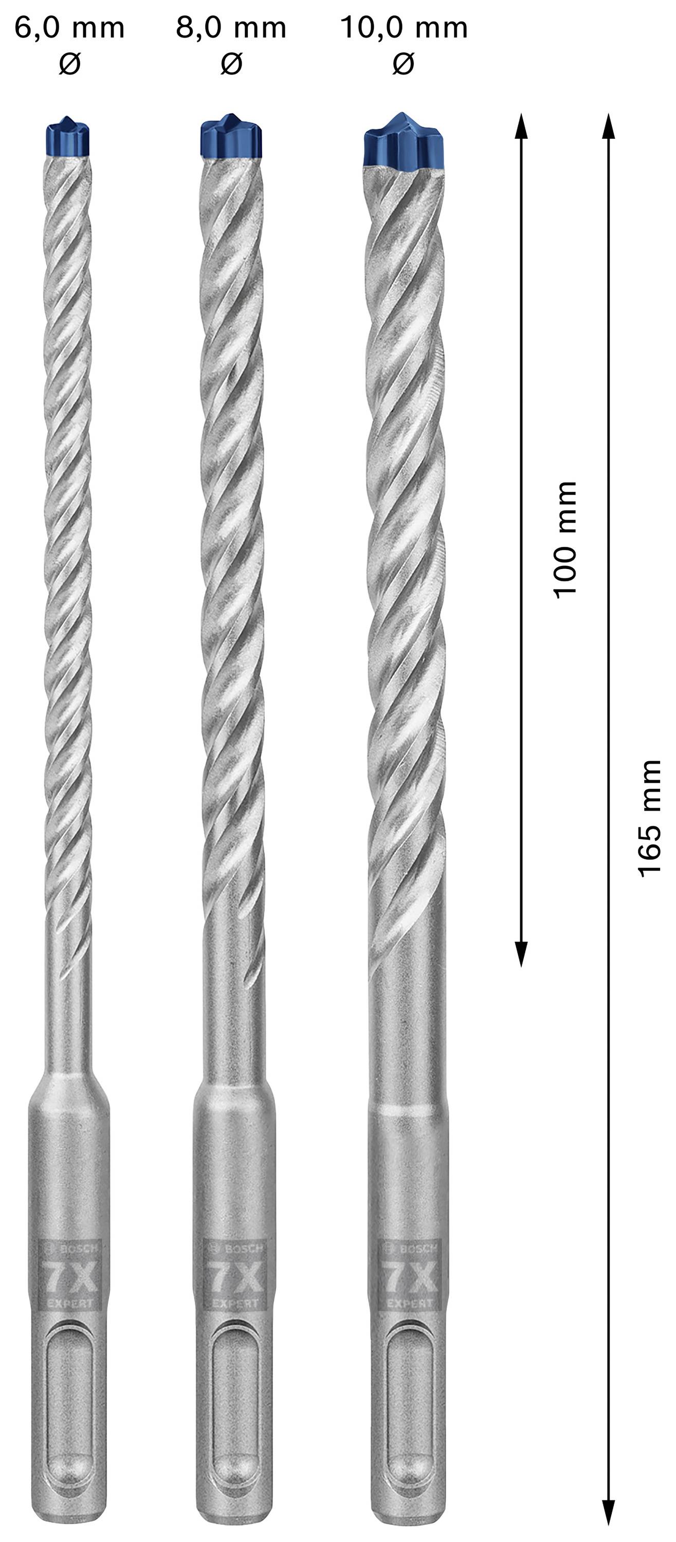 Three drill bits with 6.0 mm, 8.0 mm and 10.0 mm diameter. Length: 165 mm, working depth: 100 mm. Markings for size and depth shown.