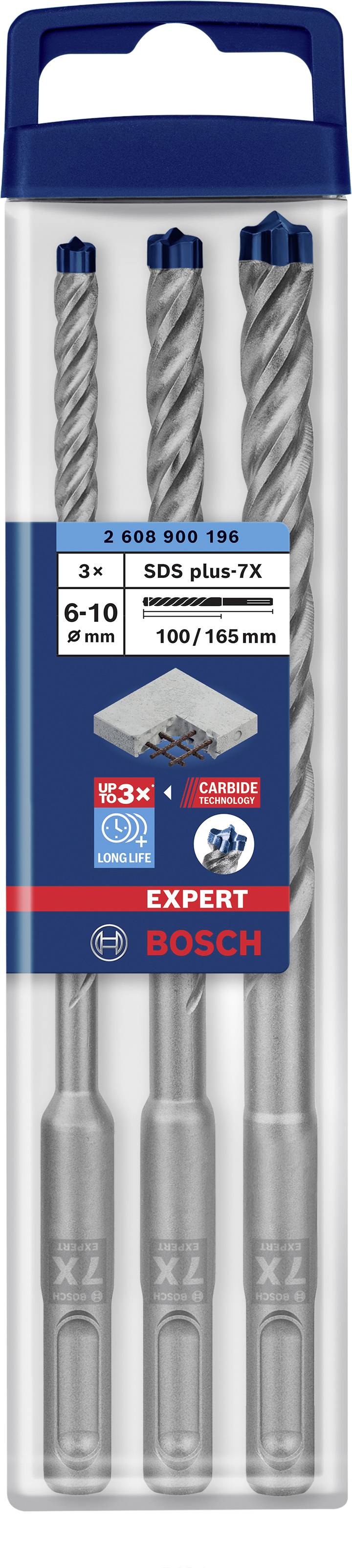Bosch 'Expert SDS plus-7X' drill bit set in plastic packaging, containing three drill bits, sizes 6-10mm, length 100/165mm.