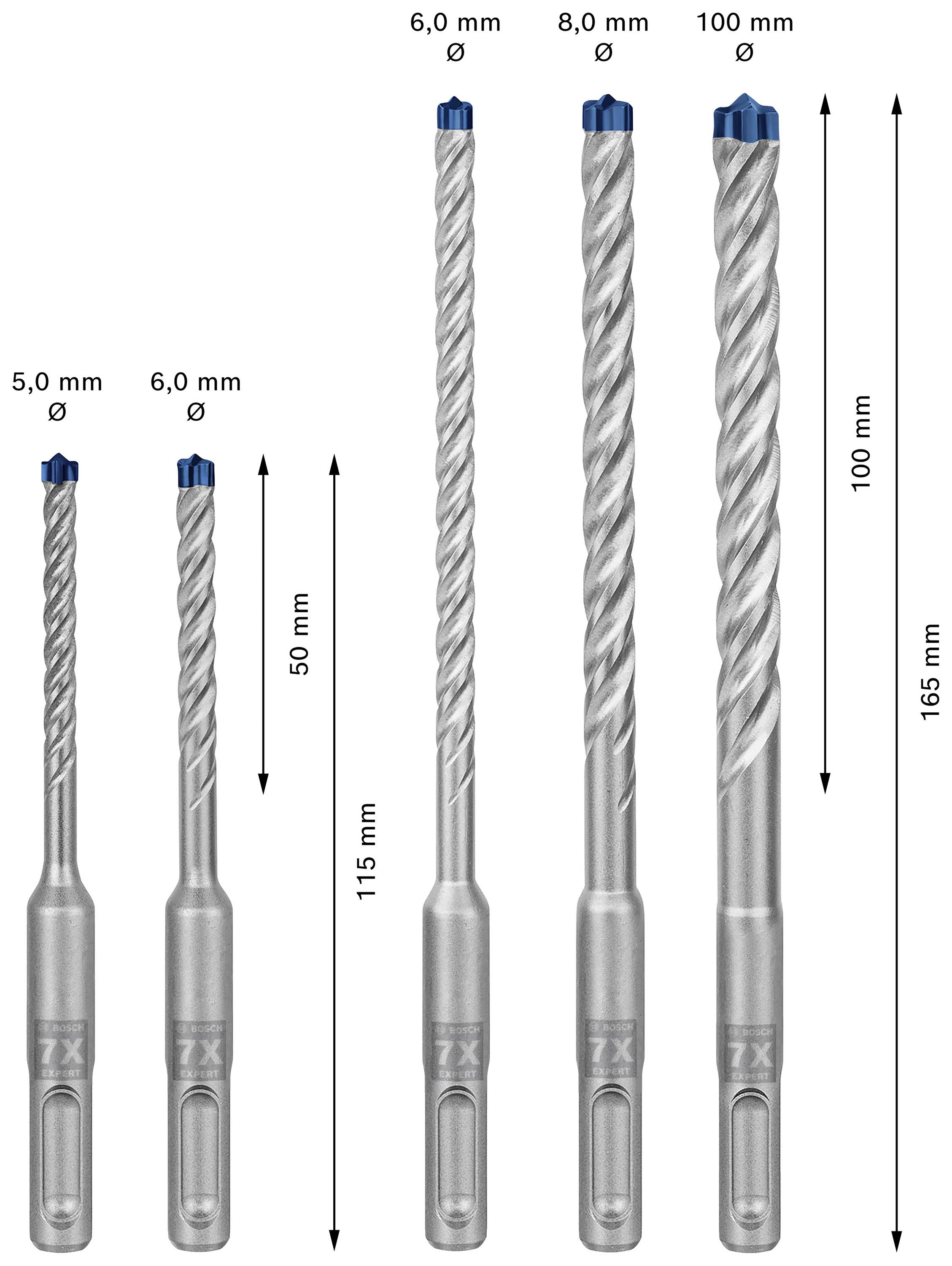 'Three drill bits of different lengths (50 mm, 115 mm, 165 mm) and diameters (5 mm, 6 mm, 8 mm, 10 mm) with blue tips.'