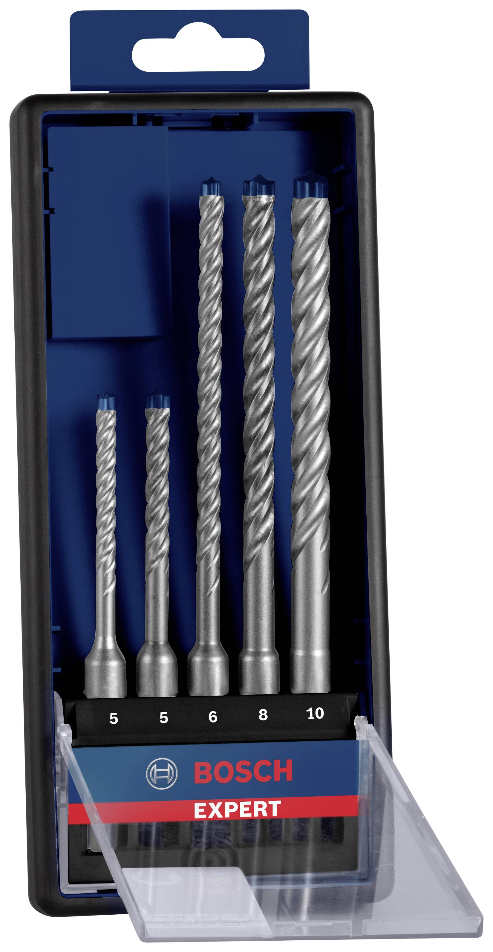 HSS drill set in a blue box with a transparent lid. Five drills of different sizes arranged side by side.