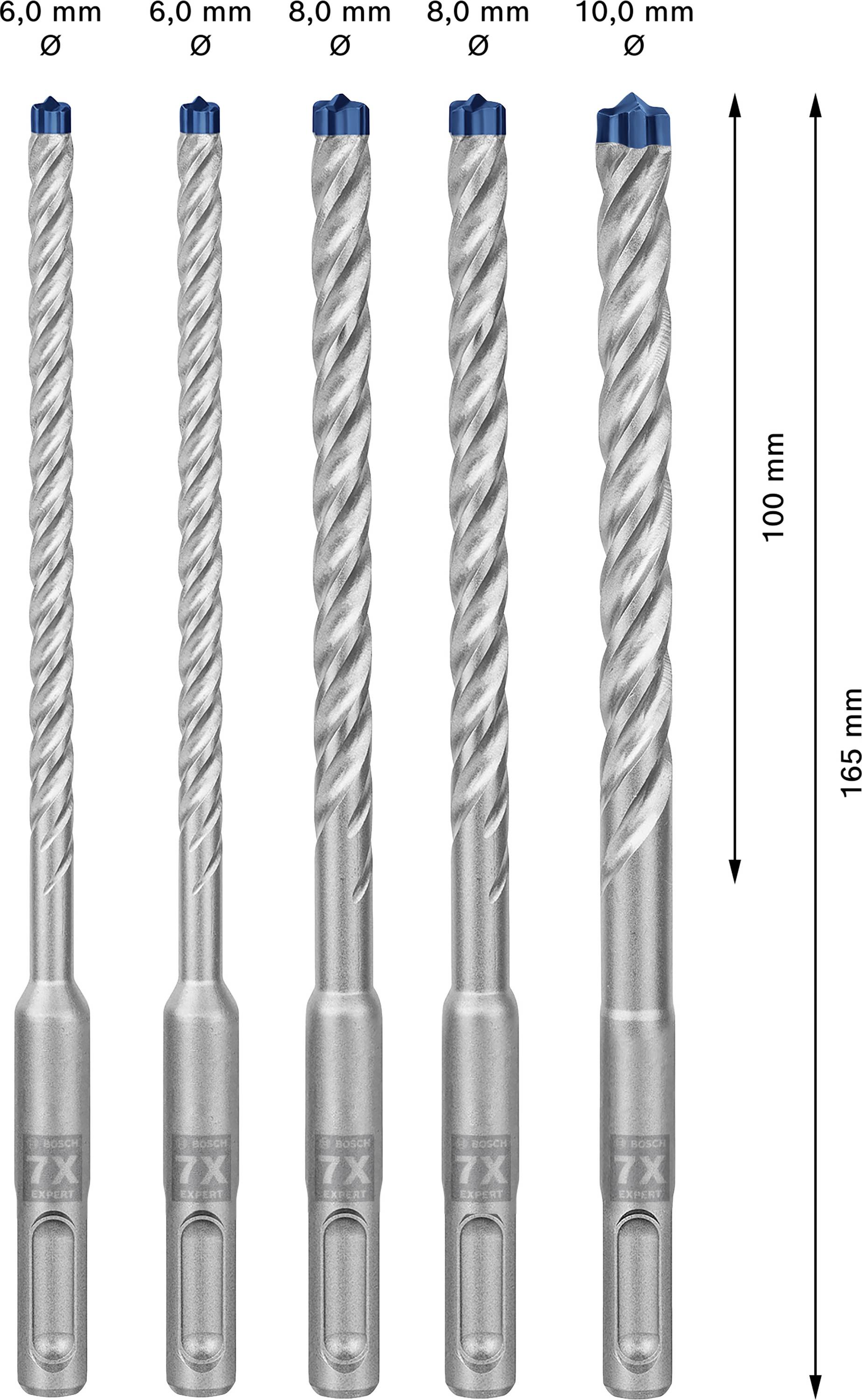 Five metal drill bits in various diameters (6.0 mm to 10.0 mm), all with a length of 165 mm, arranged in a row.