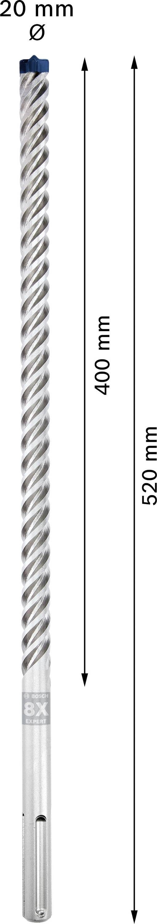 A long, silver drill bit with a length of 520 mm and a diameter of 20 mm, suitable for deep drilling.
