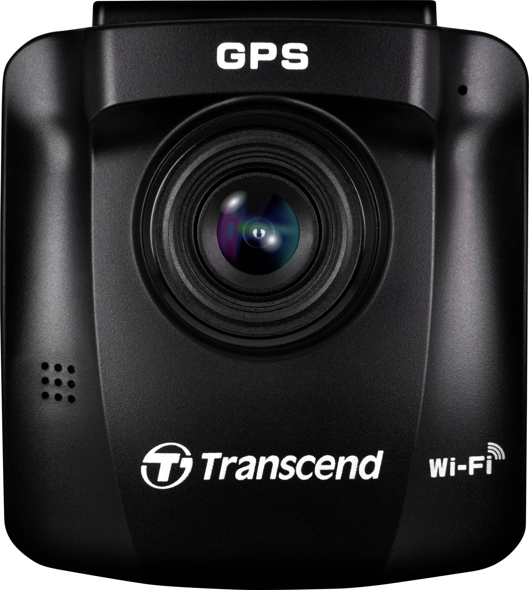 Black dashcam with 'GPS' printed on top; brand name 'Transcend' and 'Wi-Fi' in bottom right. Main lens in the centre.