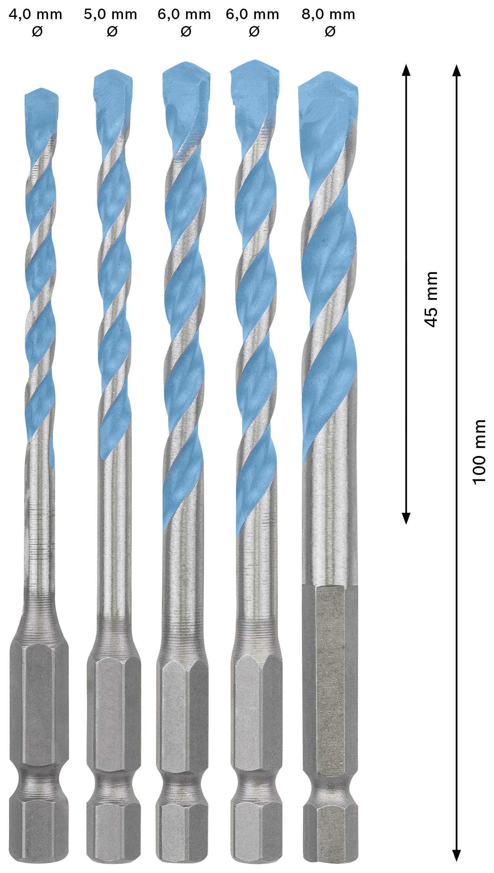 'Five drill bits with diameters from 4.0 mm to 8.0 mm, all 100 mm long. Three dark grey and two light grey shanks.'