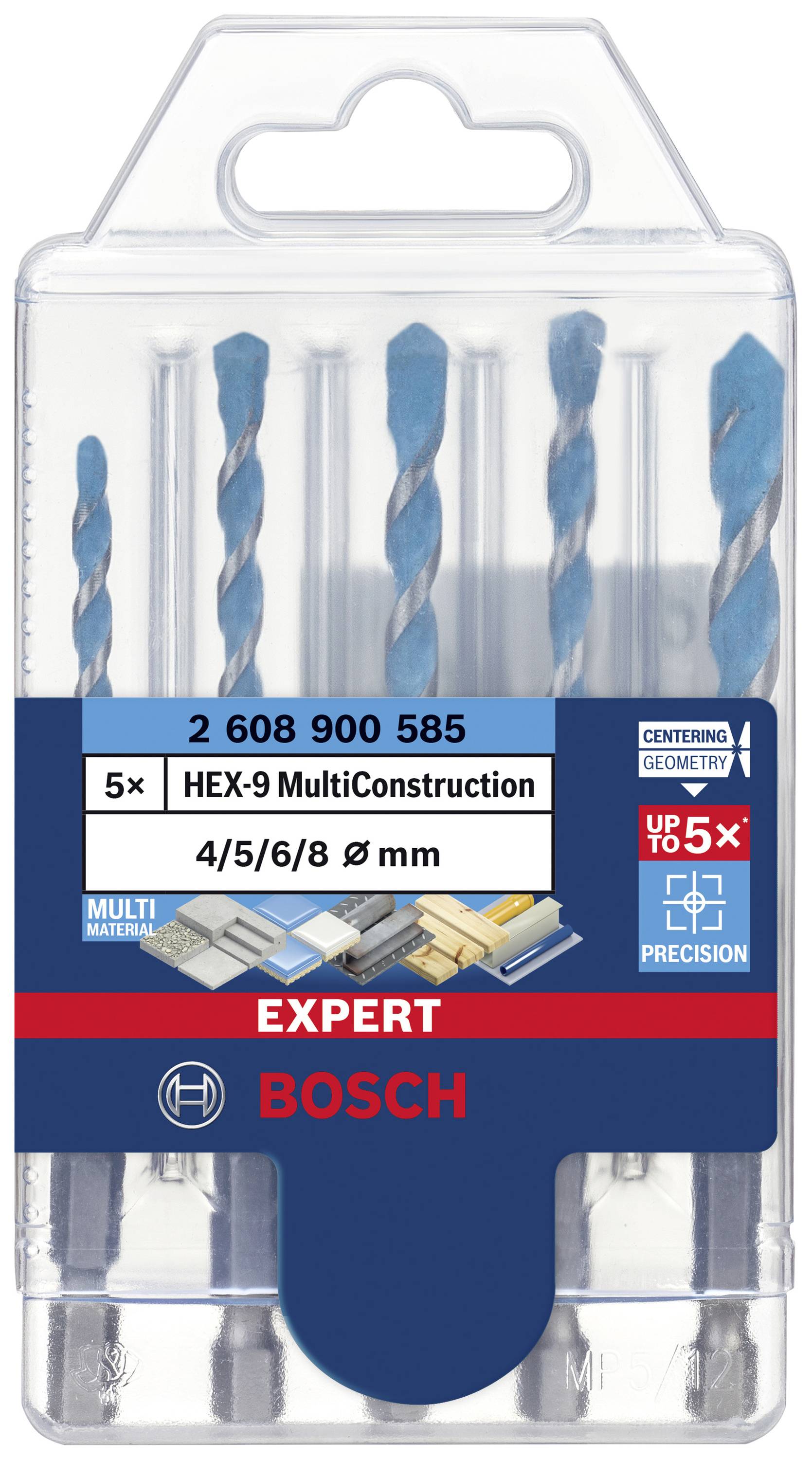 'Bosch Expert HEX-9 MultiConstruction Drill Bit Set, 5-piece, Sizes: 4/5/6/8/9 mm, for Various Materials, High Precision.'