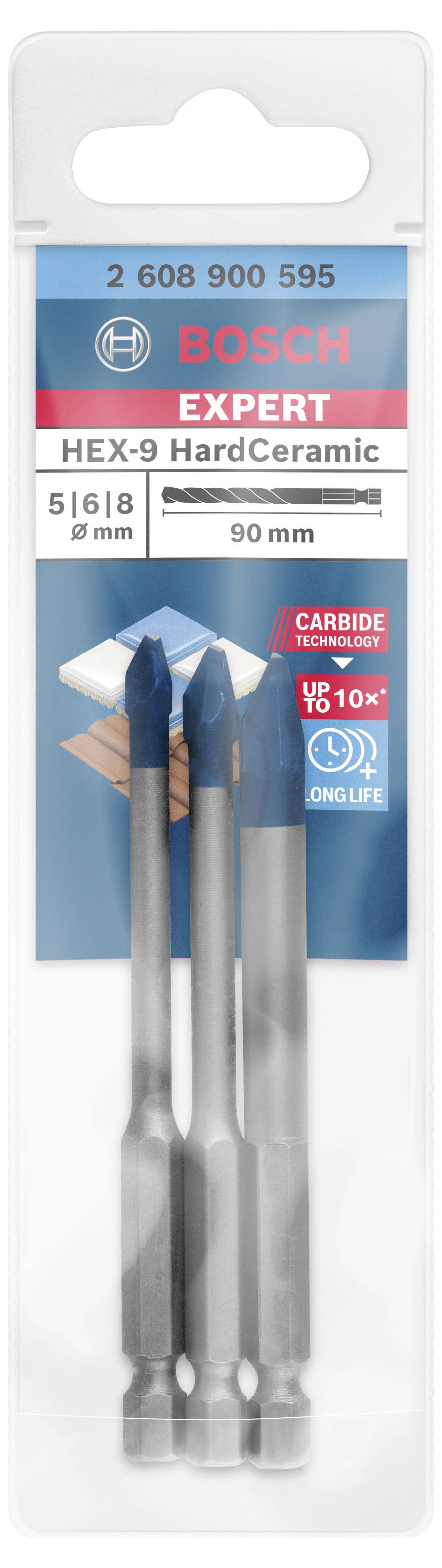 Three Bosch HEX-9 HardCeramic drill bits in a pack, suitable for ceramic, with diameters of 5, 6 and 8 mm and 90 mm length.