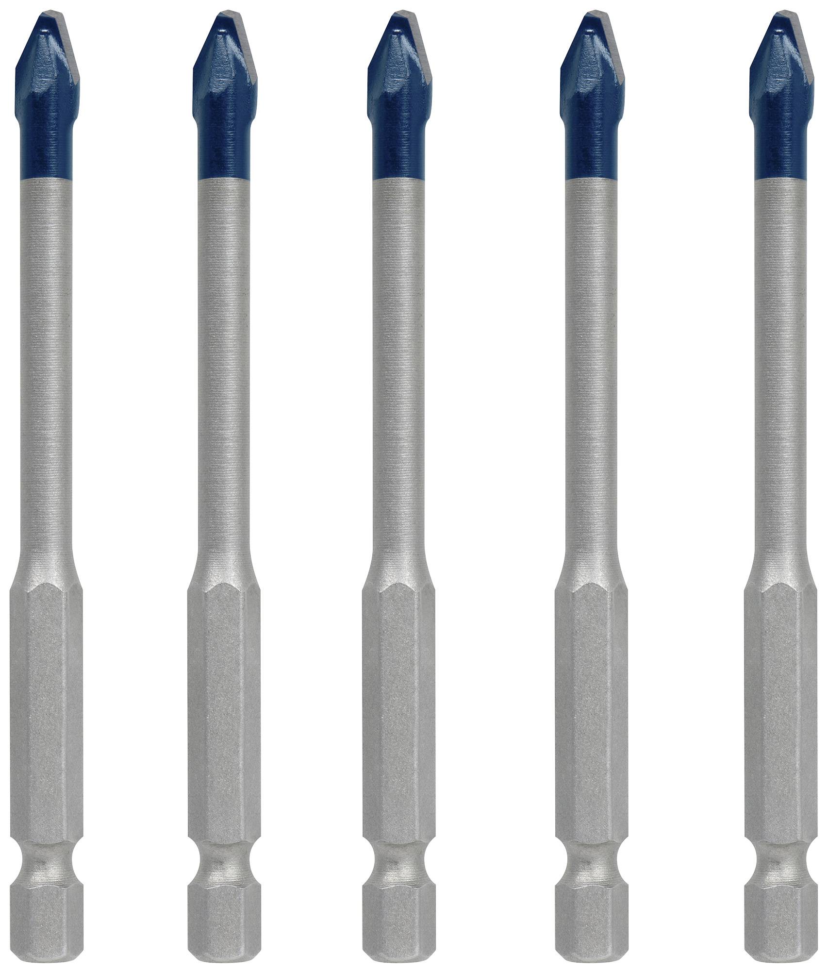 Five silver drills with blue tips, evenly arranged in a row, on a white background.