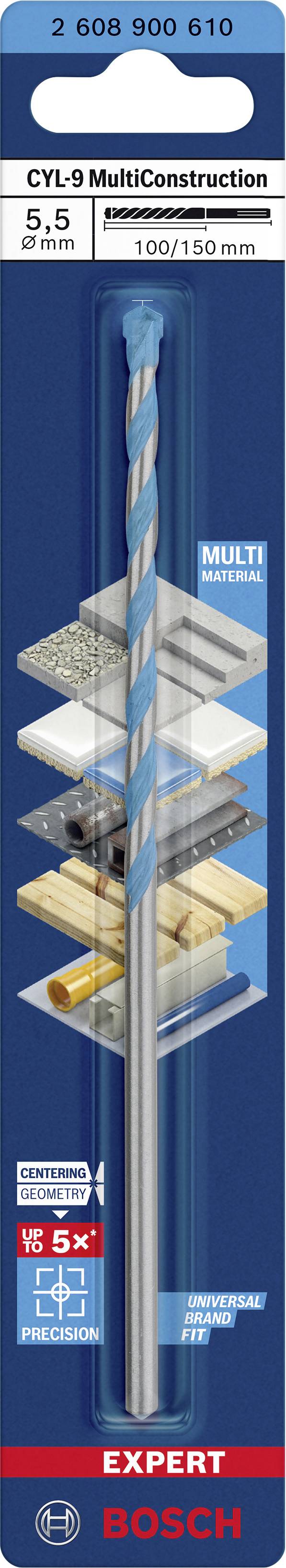 Packaging of a Bosch CYL-9 MultiConstruction drill bit, 5.5 mm, suitable for various materials. Length: 100/150 mm.